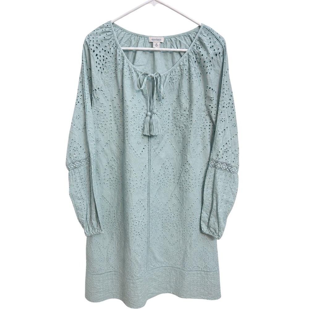 Sundance Eyelet Embroidered Cotton Dress Medium Dusty Blue Boho Tassel Peasant - Picture 2 of 4